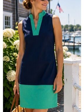 Sail To Sable Colorblock Shift Dress Stretch Cotton Preppy Coastal XS